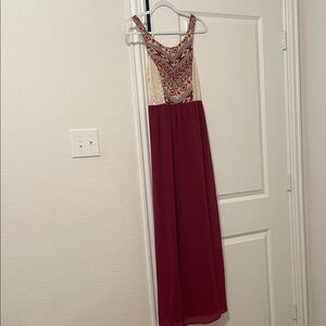 Flying Tomato Burgundy, Cream and Teal Embroidered Maxi Dress
